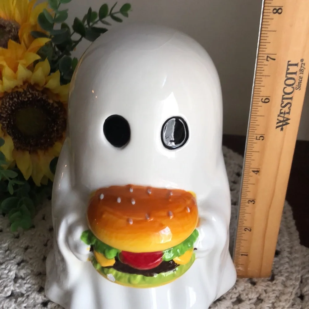 White Ceramic Ghost Figurine Holding Burger